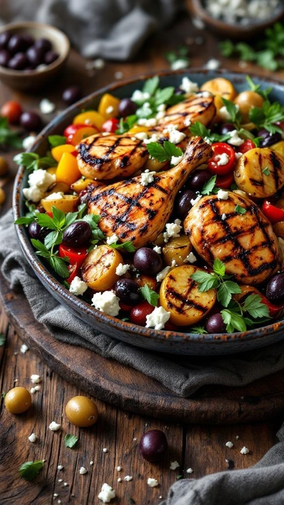 A colorful Mediterranean grilled chicken bowl with grilled chicken, roasted potatoes, olives, and fresh vegetables.