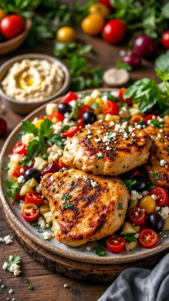 Grilled Mediterranean herb chicken thighs served with cherry tomatoes, olives, and feta cheese on a wooden platter.
