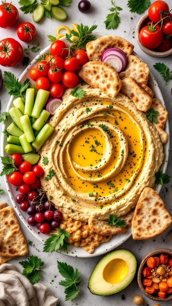 A vibrant platter featuring hummus, fresh vegetables, and pita chips.