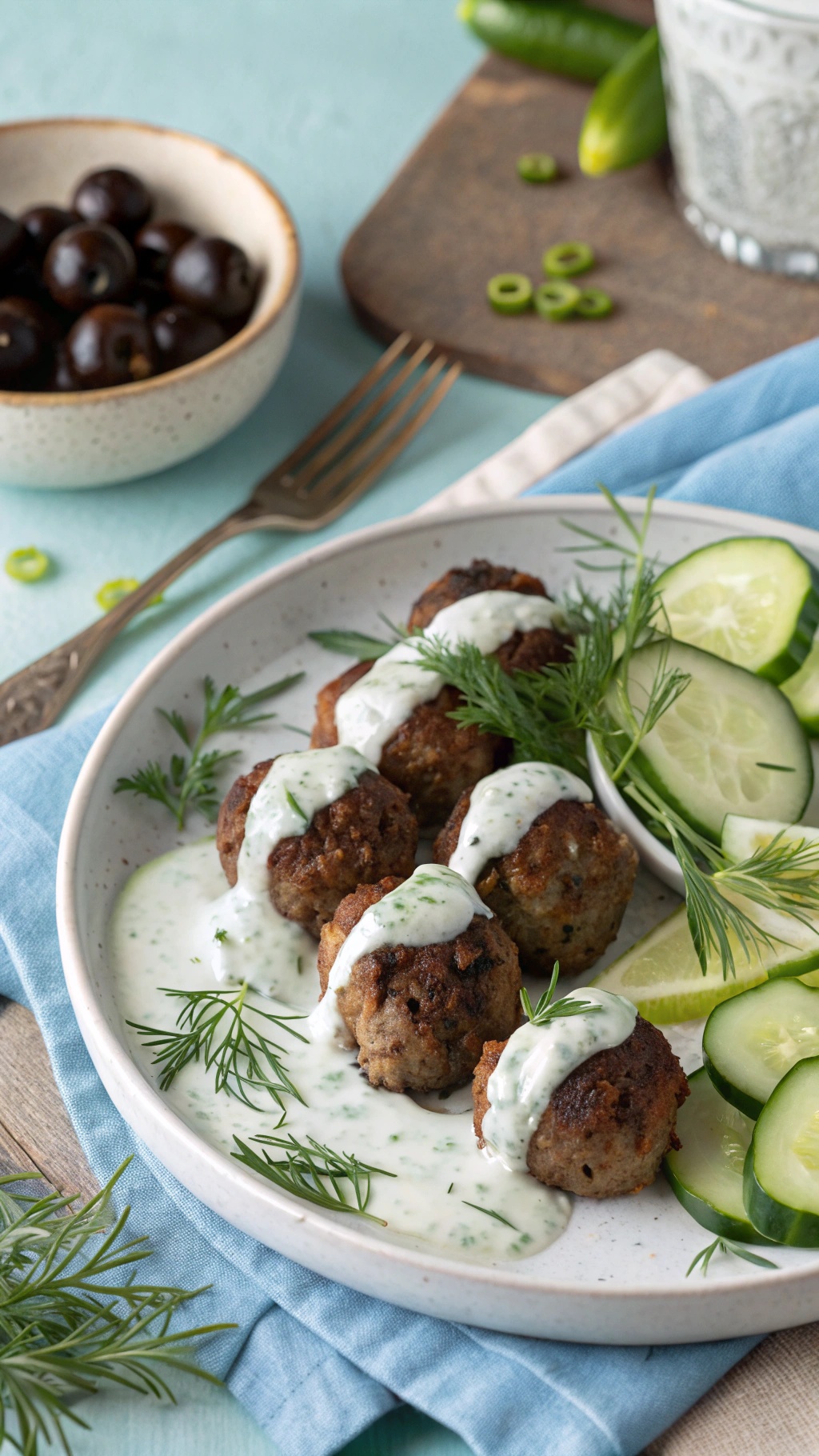 Plate of Mediterranean lamb meatballs with tzatziki sauce, cucumber slices, and olives.