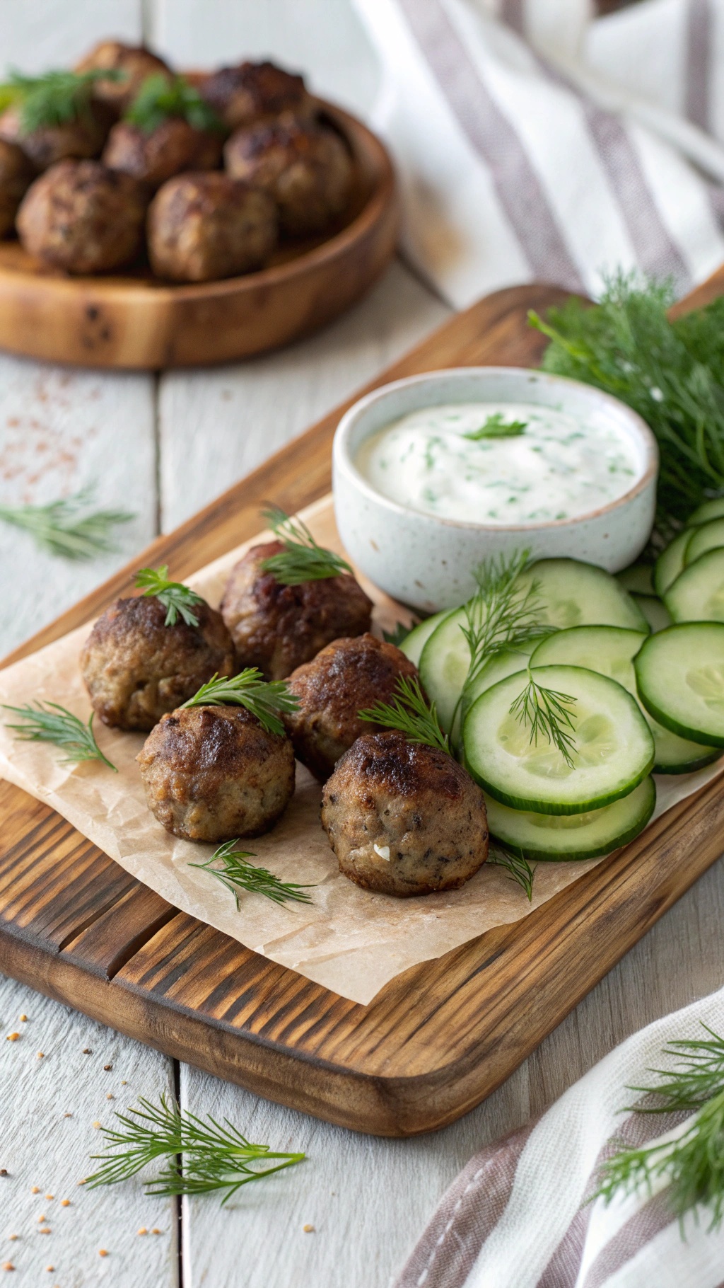 Mediterranean lamb meatballs with tzatziki sauce and cucumber slices on a wooden platter.