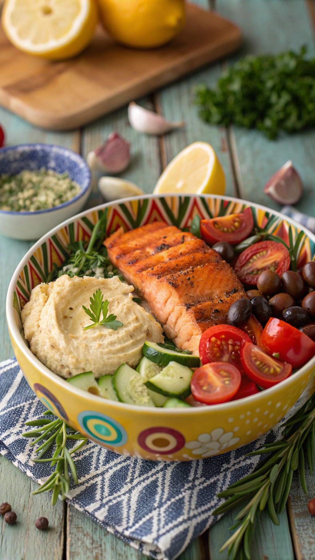 A colorful Mediterranean salmon bowl with hummus, cucumbers, tomatoes, and olives.