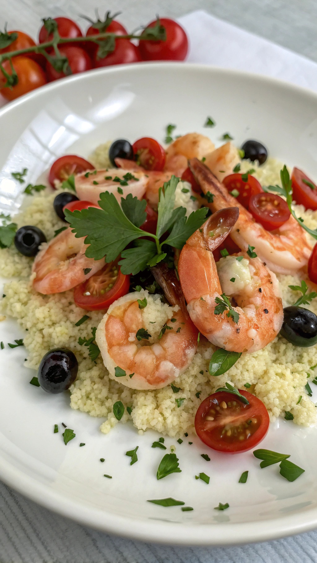 A plate of Mediterranean shrimp with cauliflower rice, cherry tomatoes, and olives garnished with parsley.