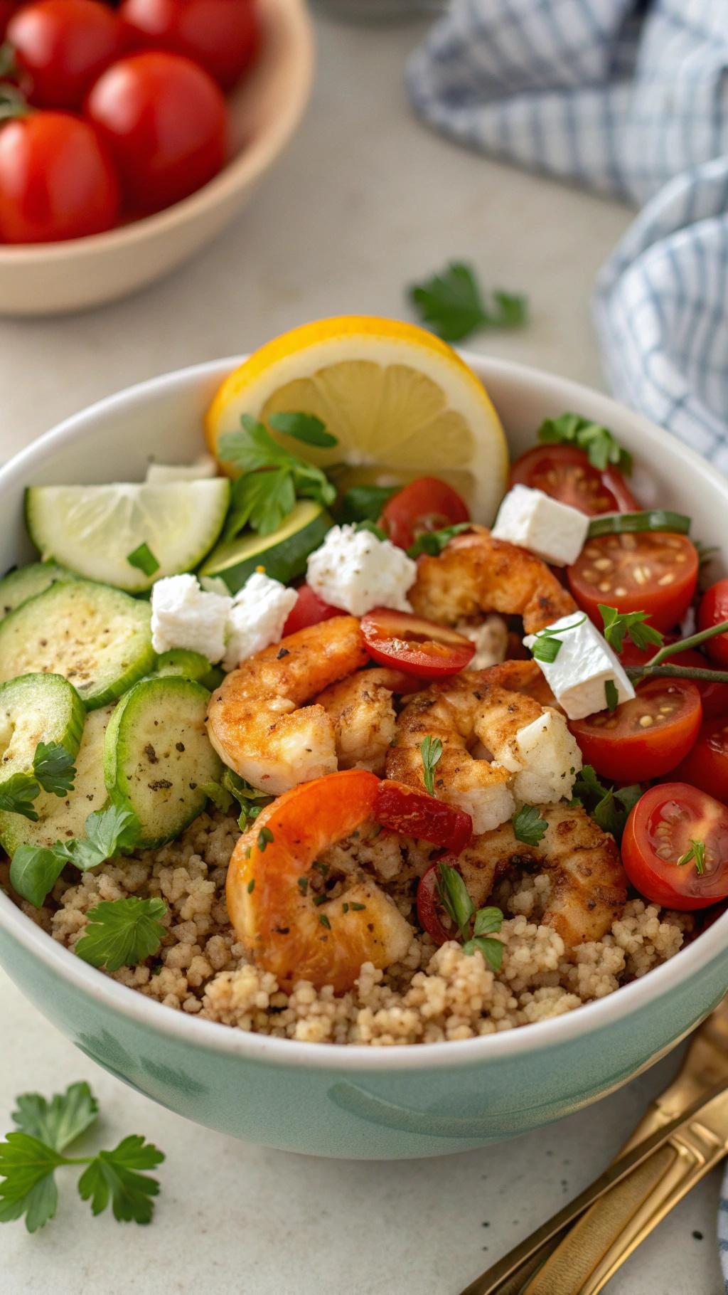 A colorful Mediterranean Shrimp and Quinoa Bowl with shrimp, quinoa, cherry tomatoes, zucchini, and feta cheese.