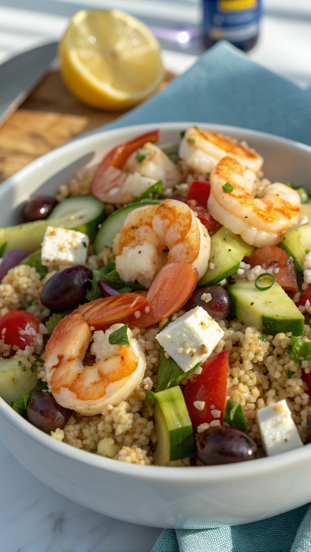 A bowl of Mediterranean shrimp and quinoa salad with fresh vegetables and feta cheese.