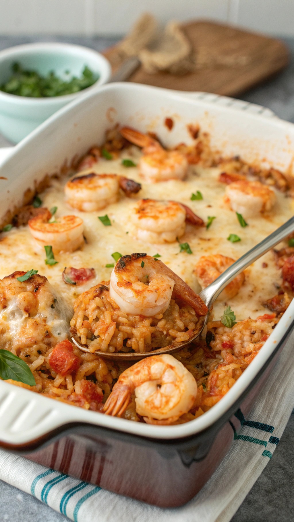 Mediterranean Shrimp and Rice Casserole with melted cheese and shrimp on top