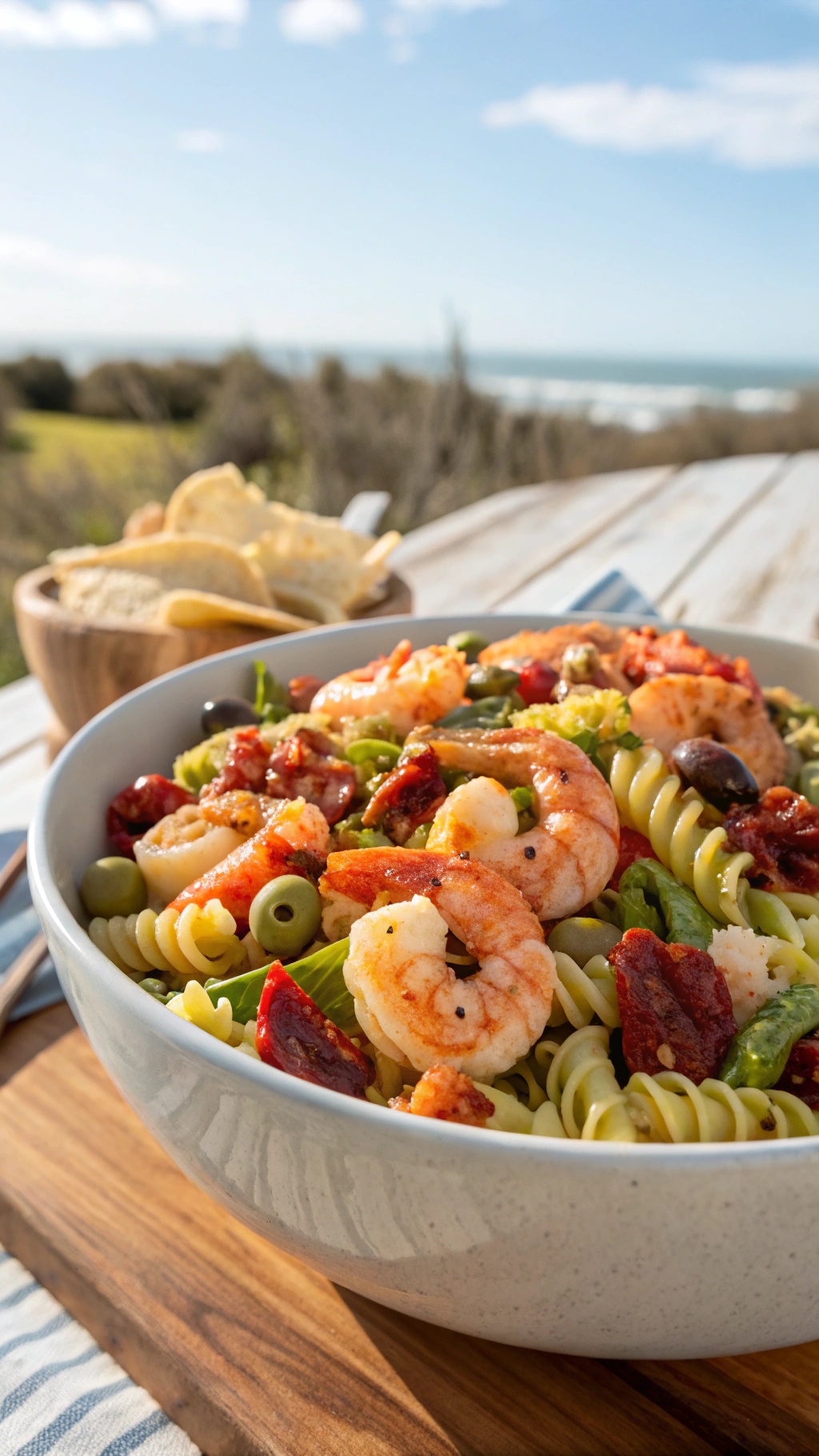 A bowl of Mediterranean shrimp pasta salad with colorful ingredients and a scenic background.