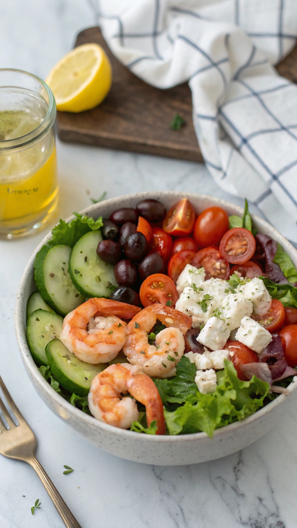 A colorful Mediterranean shrimp salad with fresh veggies, shrimp, and feta cheese.