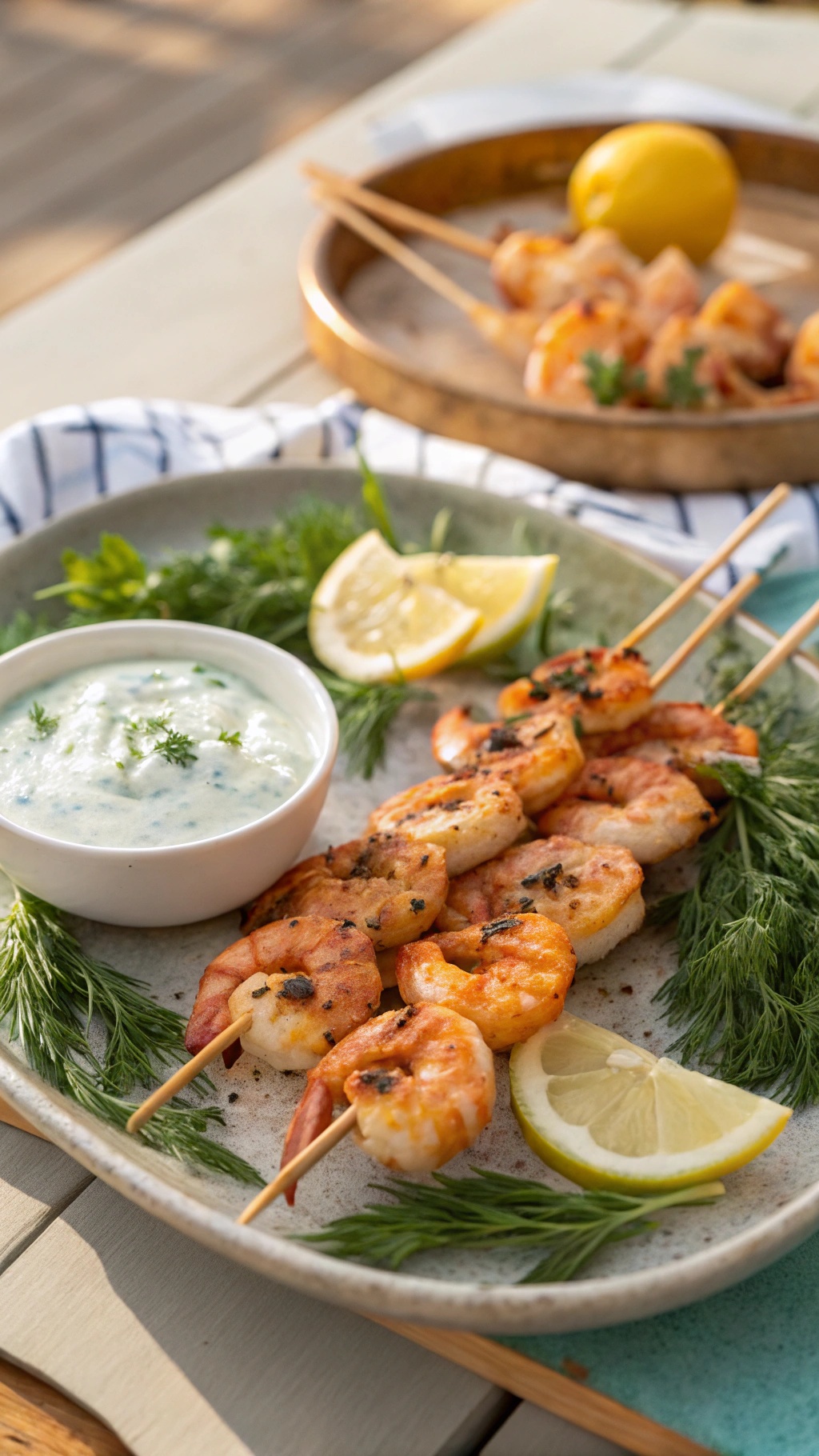 Grilled shrimp skewers with tzatziki sauce, garnished with lemon and fresh herbs