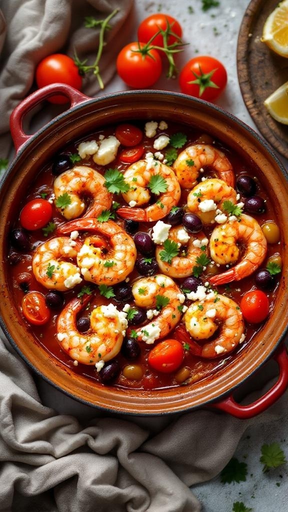 A vibrant dish of Mediterranean shrimp with feta and olives in a red pot, garnished with fresh herbs.