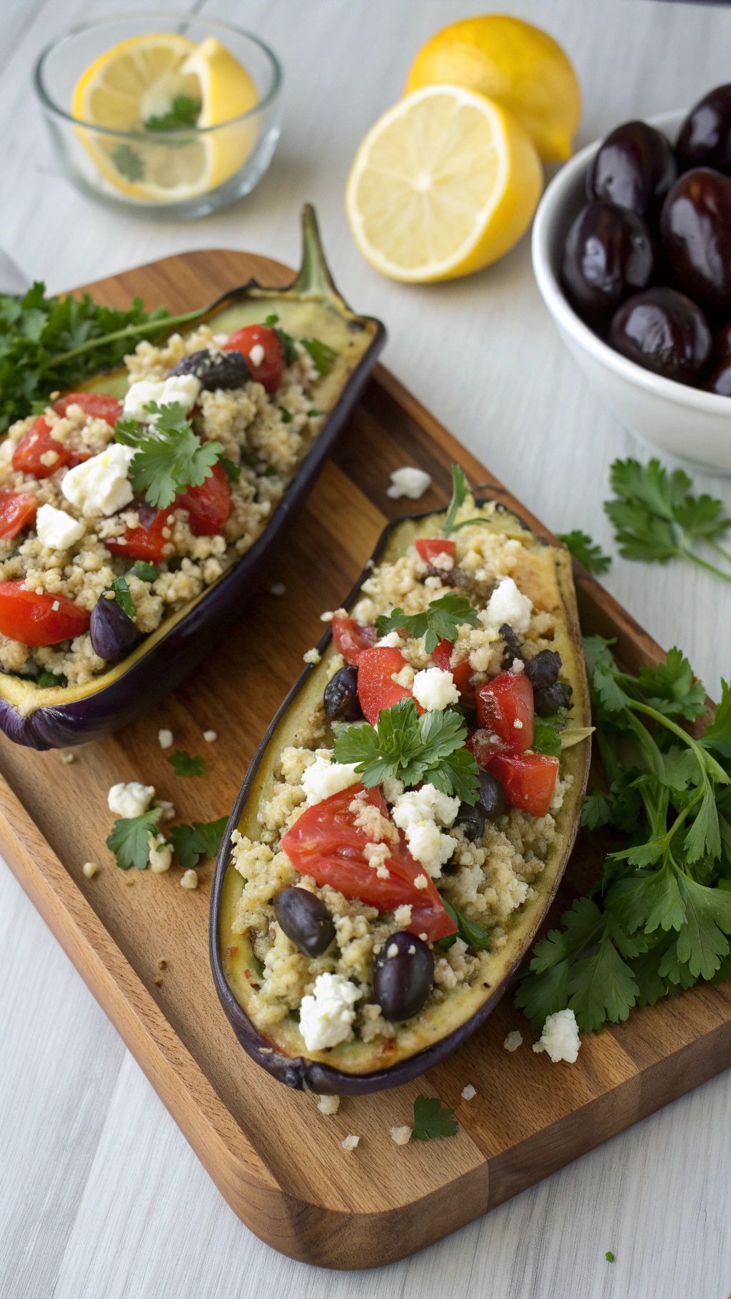 Mediterranean stuffed eggplant boats filled with couscous, tomatoes, olives, and feta cheese on a wooden board.