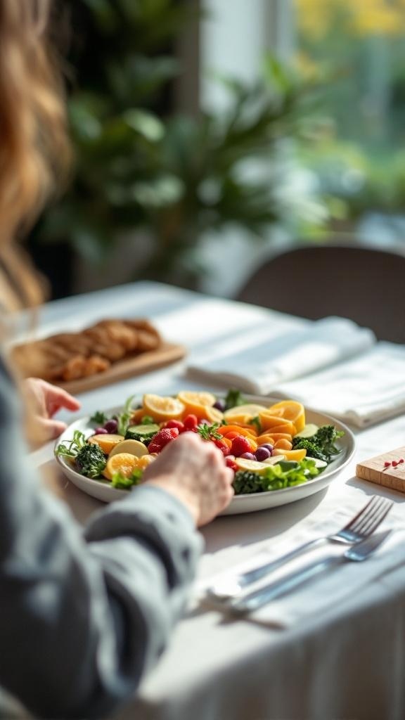 A person enjoying a colorful plate of fresh fruits and greens, promoting mindful eating during a detox.