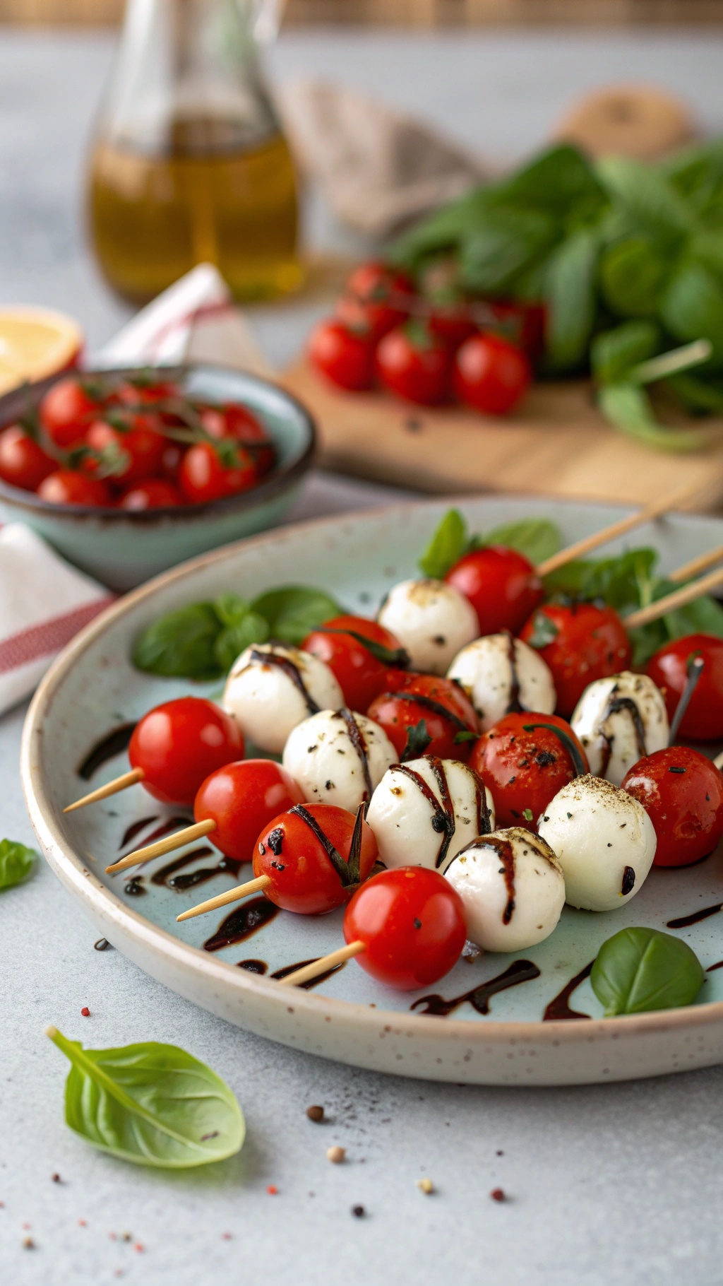 Mini Caprese skewers with cherry tomatoes, mozzarella balls, and basil drizzled with balsamic glaze.