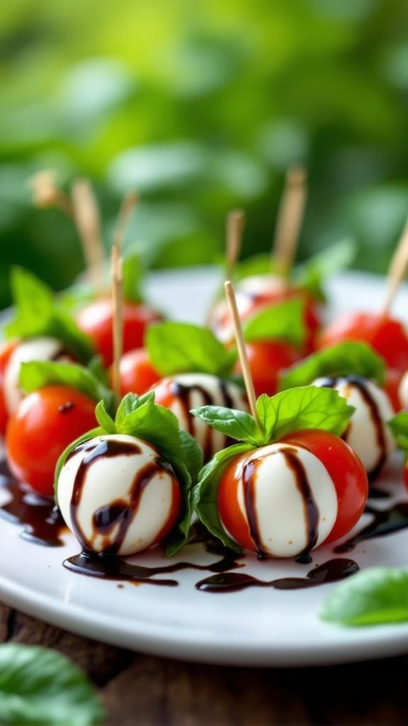 Mini Caprese skewers with cherry tomatoes, mozzarella balls, and basil leaves drizzled with balsamic glaze.