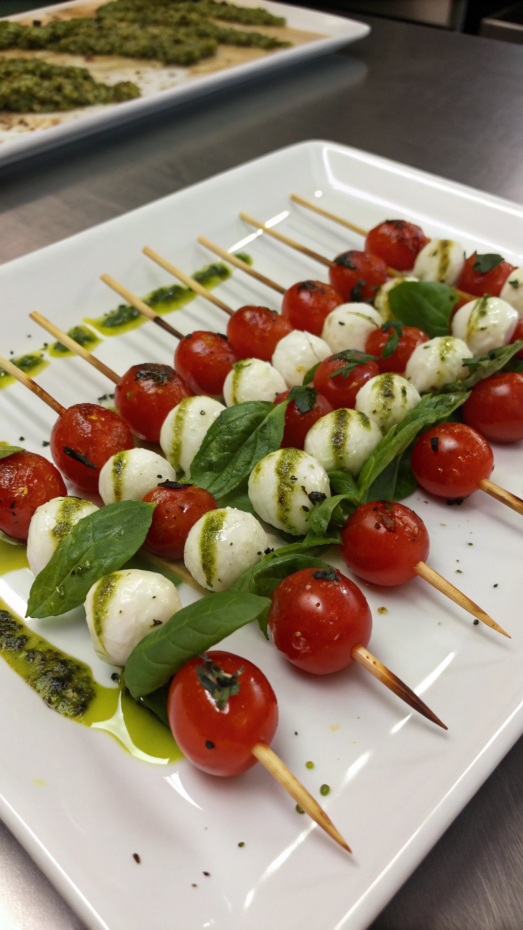 Mini Caprese skewers with cherry tomatoes, mozzarella balls, and basil pesto on a white plate.