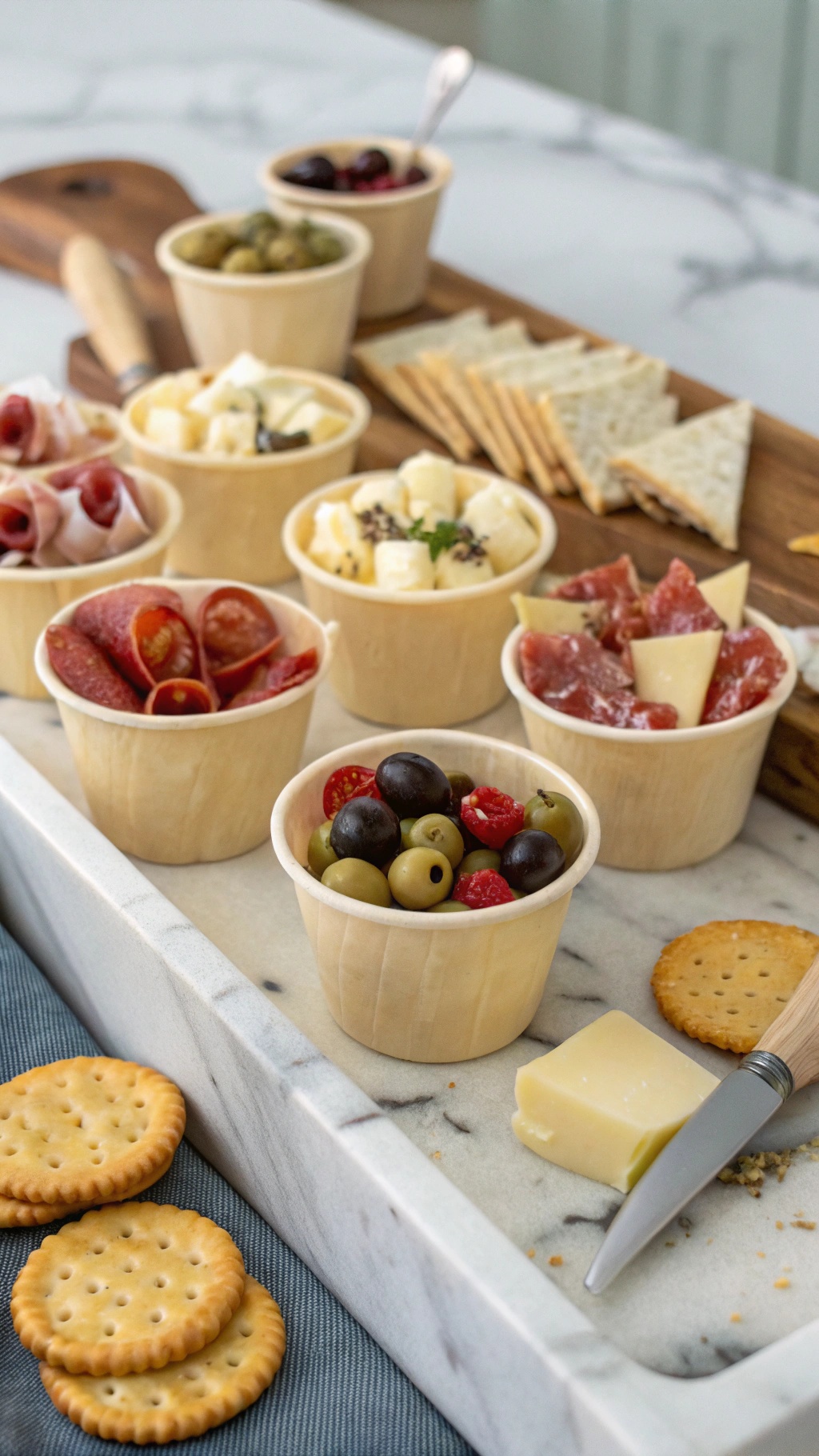 Mini cheese and meat charcuterie cups with assorted cheeses, cured meats, olives, and crackers.