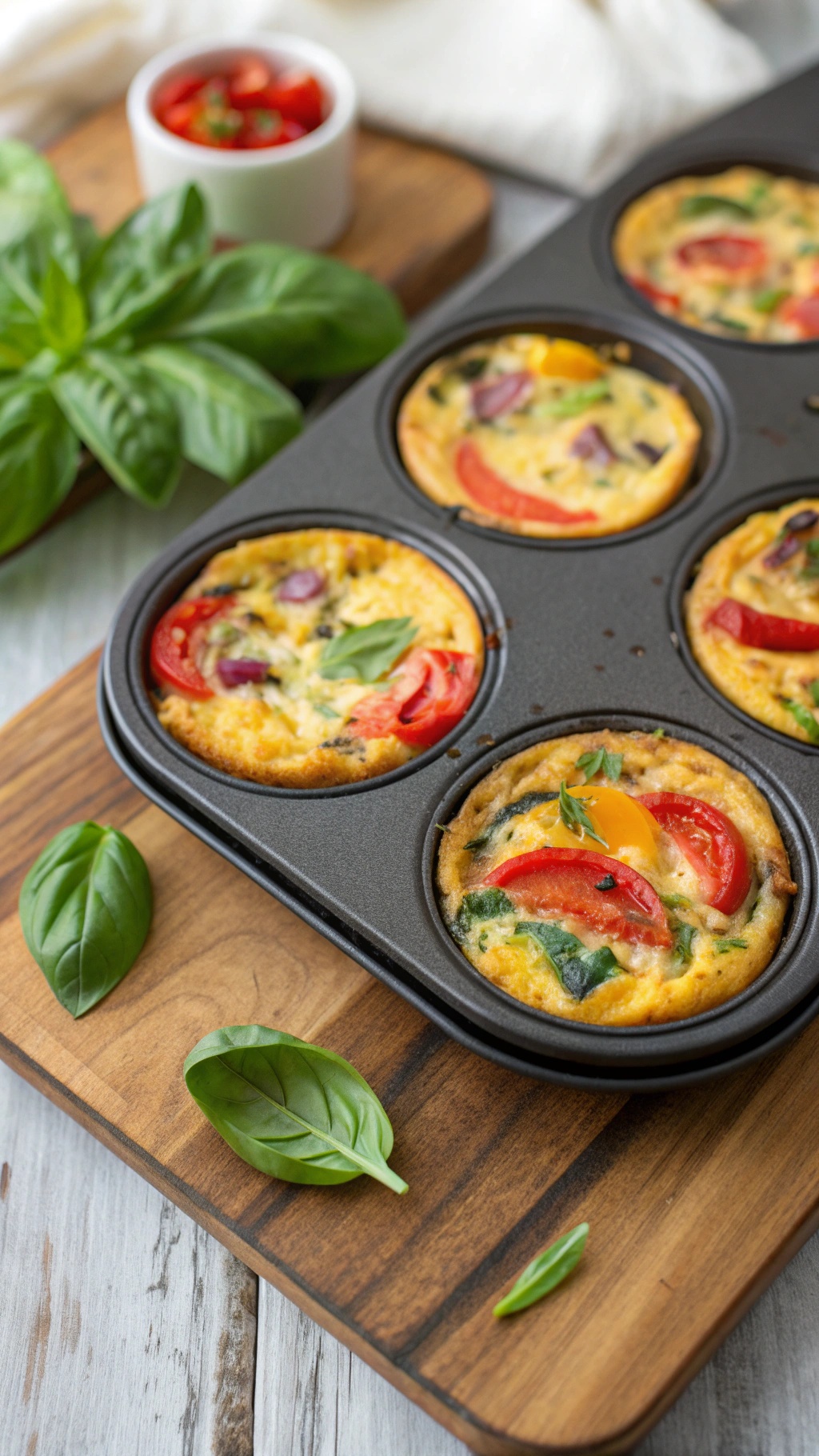 Mini egg and veggie frittatas in a muffin tin with fresh basil and tomatoes