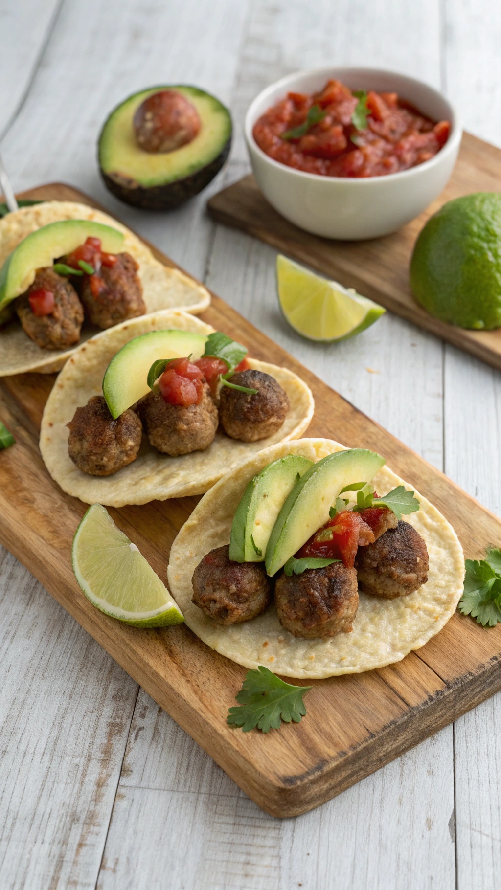 Mini meatball tacos with avocado, salsa, and lime on a wooden board.