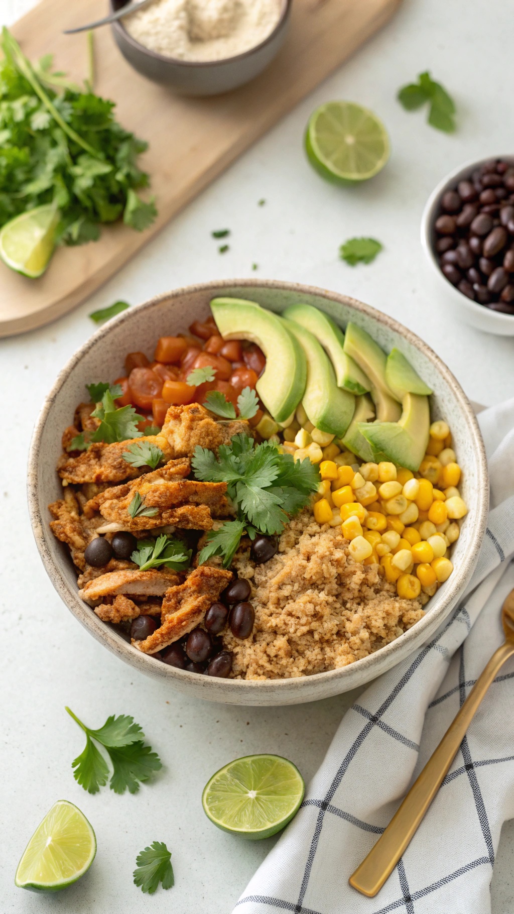 A colorful BBQ Chicken Quinoa Bowl with quinoa, shredded chicken, black beans, corn, diced tomatoes, avocado, and garnished with cilantro and lime.