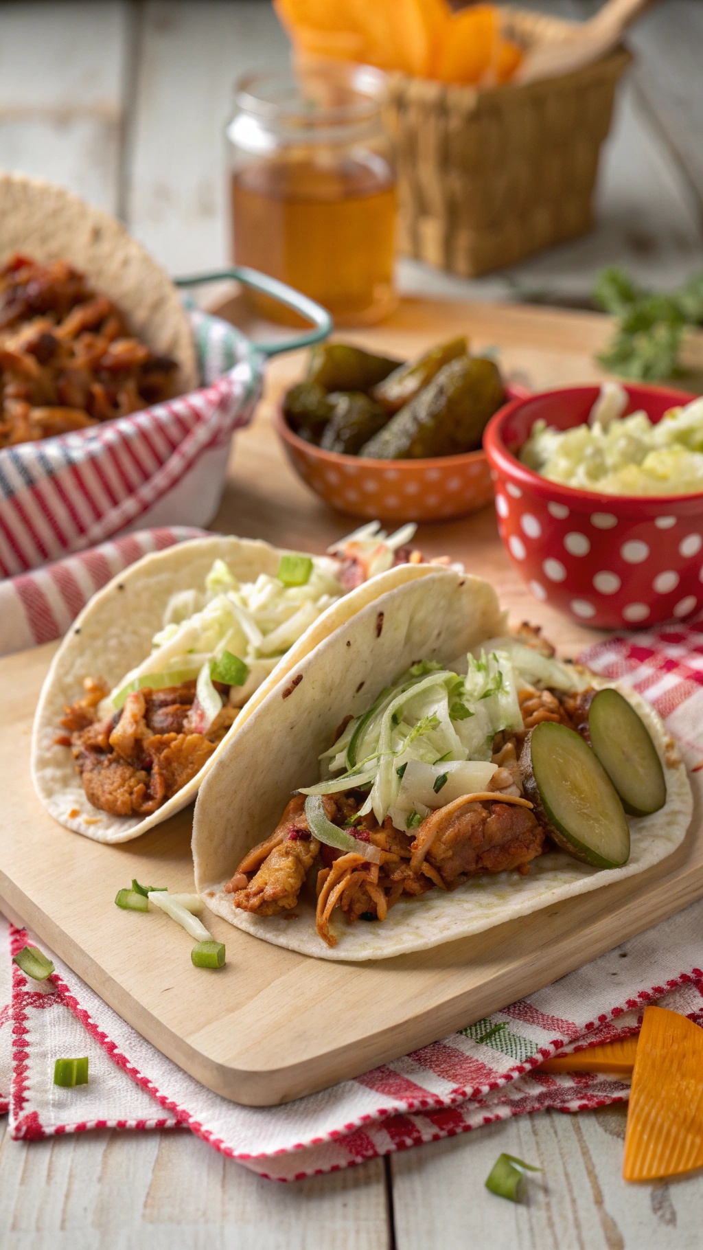 BBQ chicken tacos with lettuce and pickles on a wooden board