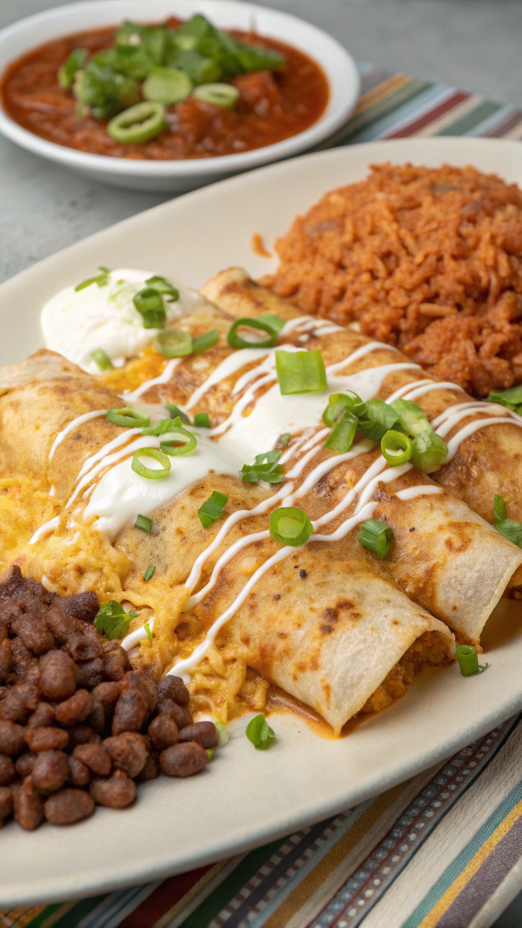 A plate of chicken enchiladas with rice and beans, garnished with green onions and sour cream.