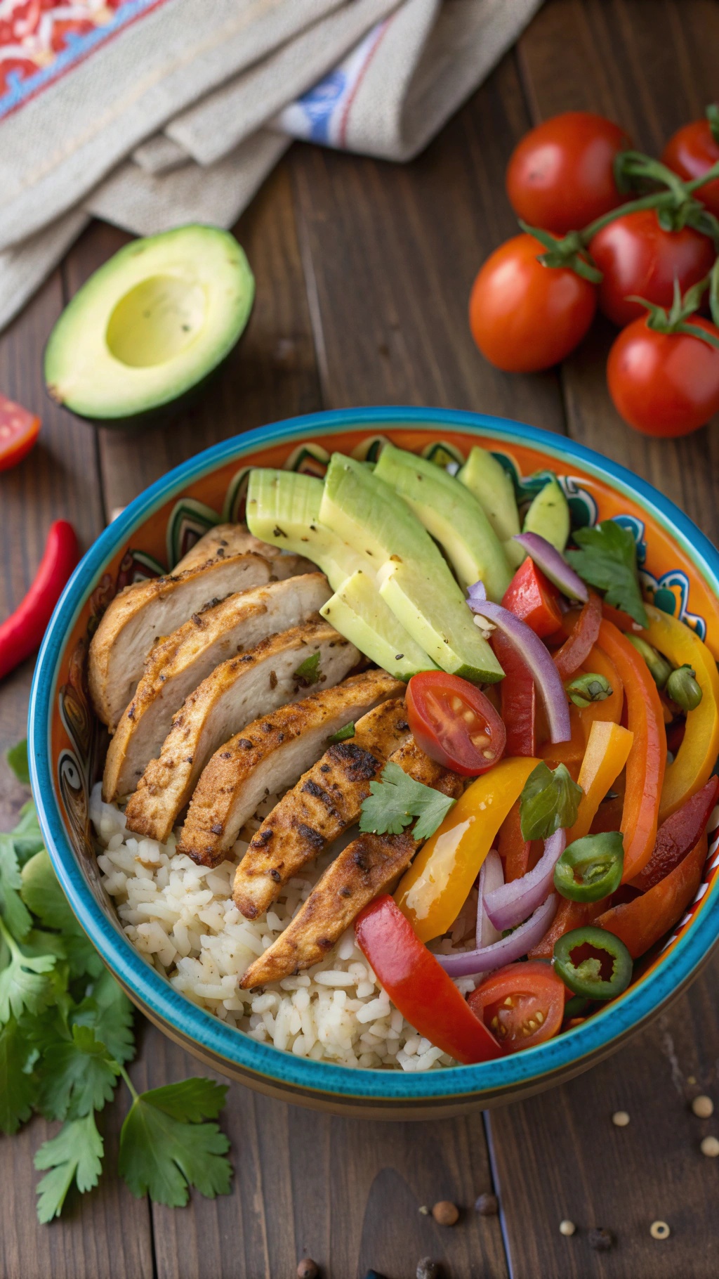 A colorful chicken fajita bowl with sliced grilled chicken, avocado, and fresh vegetables.