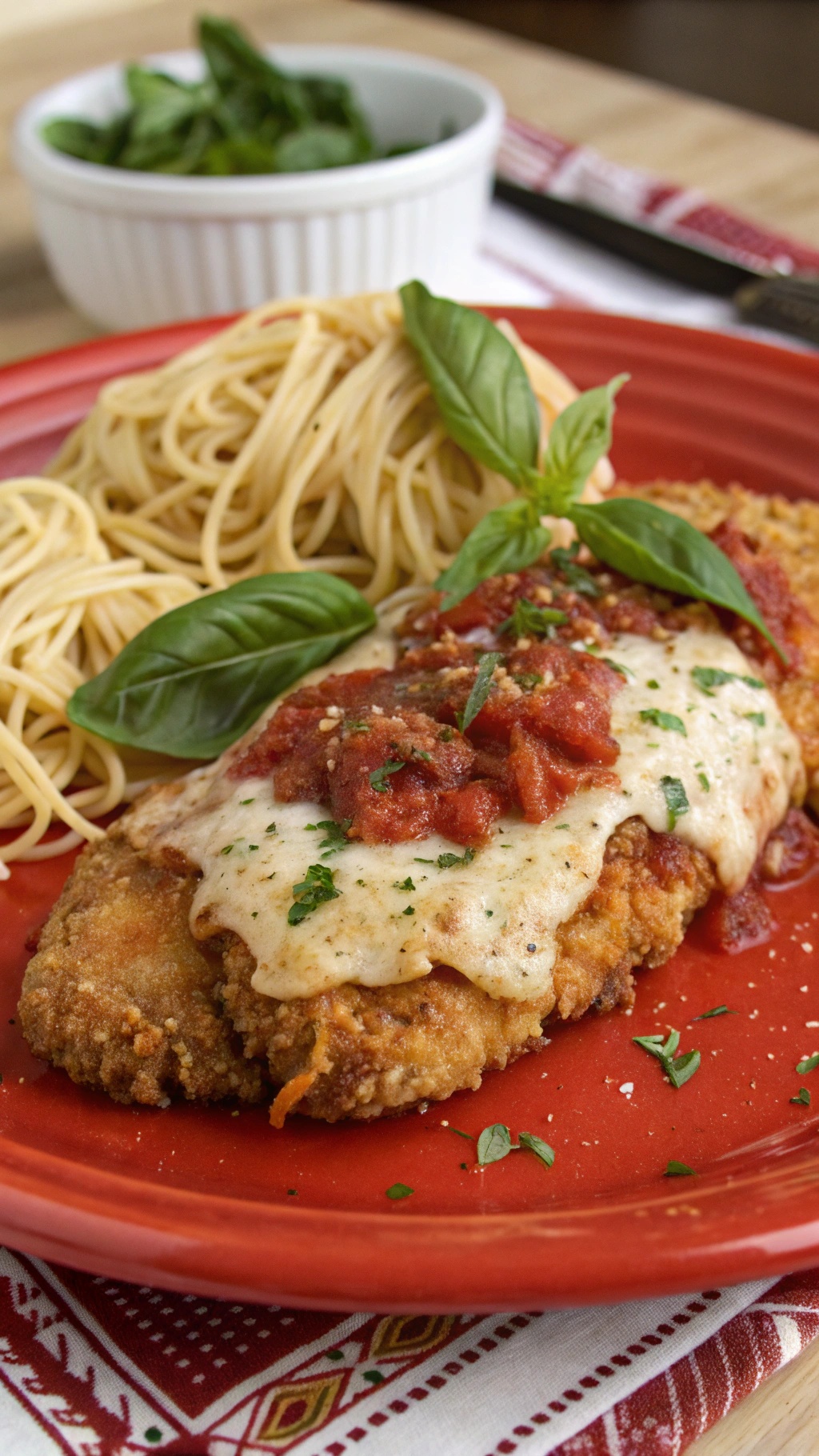 A plate of Chicken Parmesan with spaghetti and fresh basil.