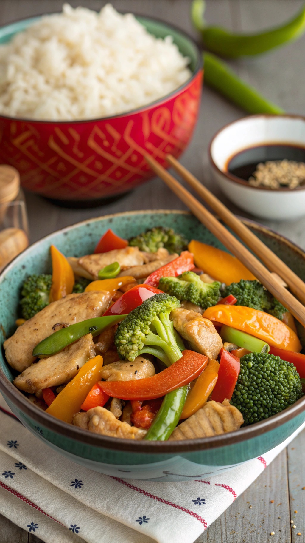 A colorful chicken stir-fry with bell peppers and broccoli served in a bowl with rice on the side.