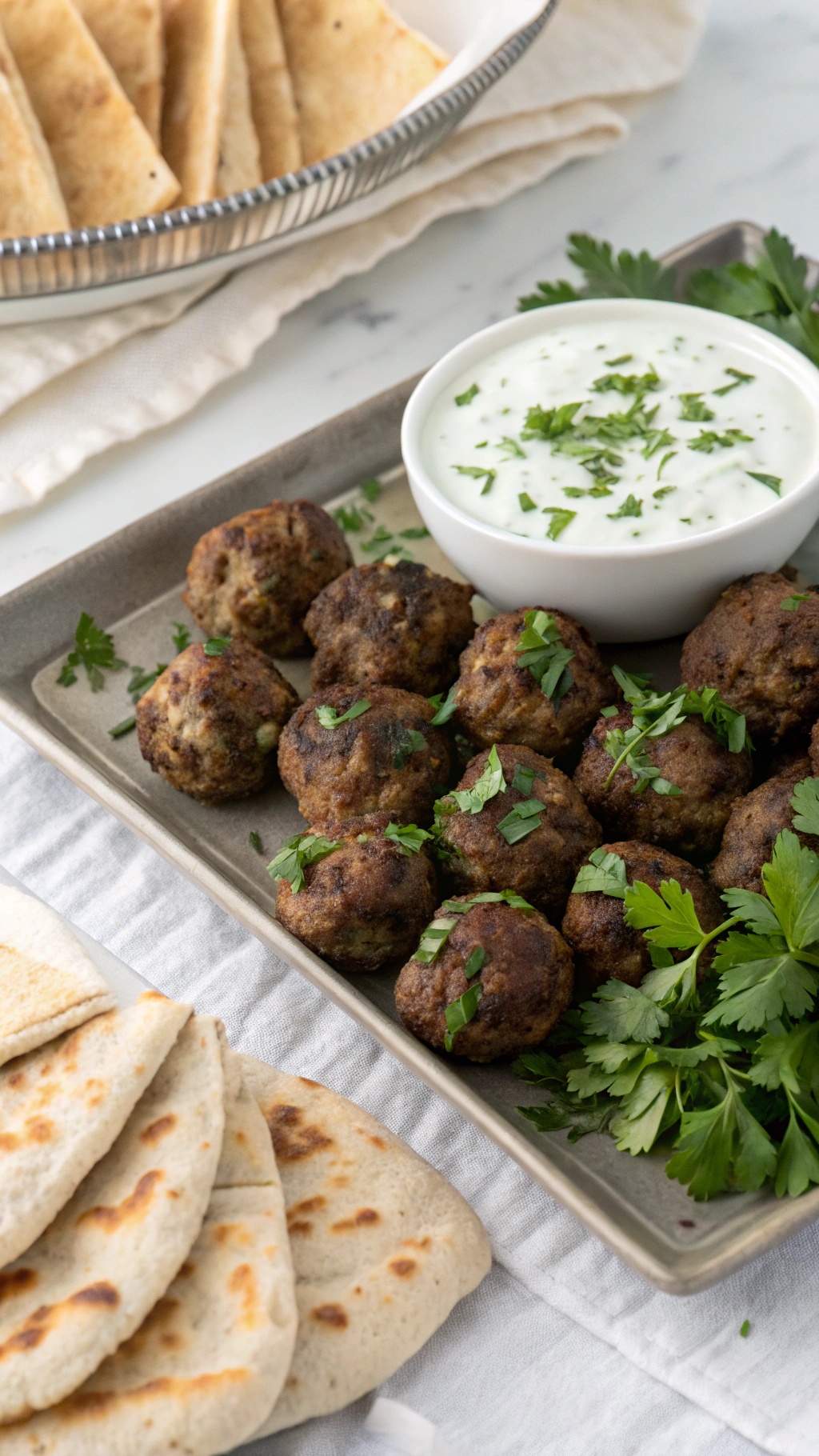 A platter of Greek meatballs with tzatziki sauce and pita bread.