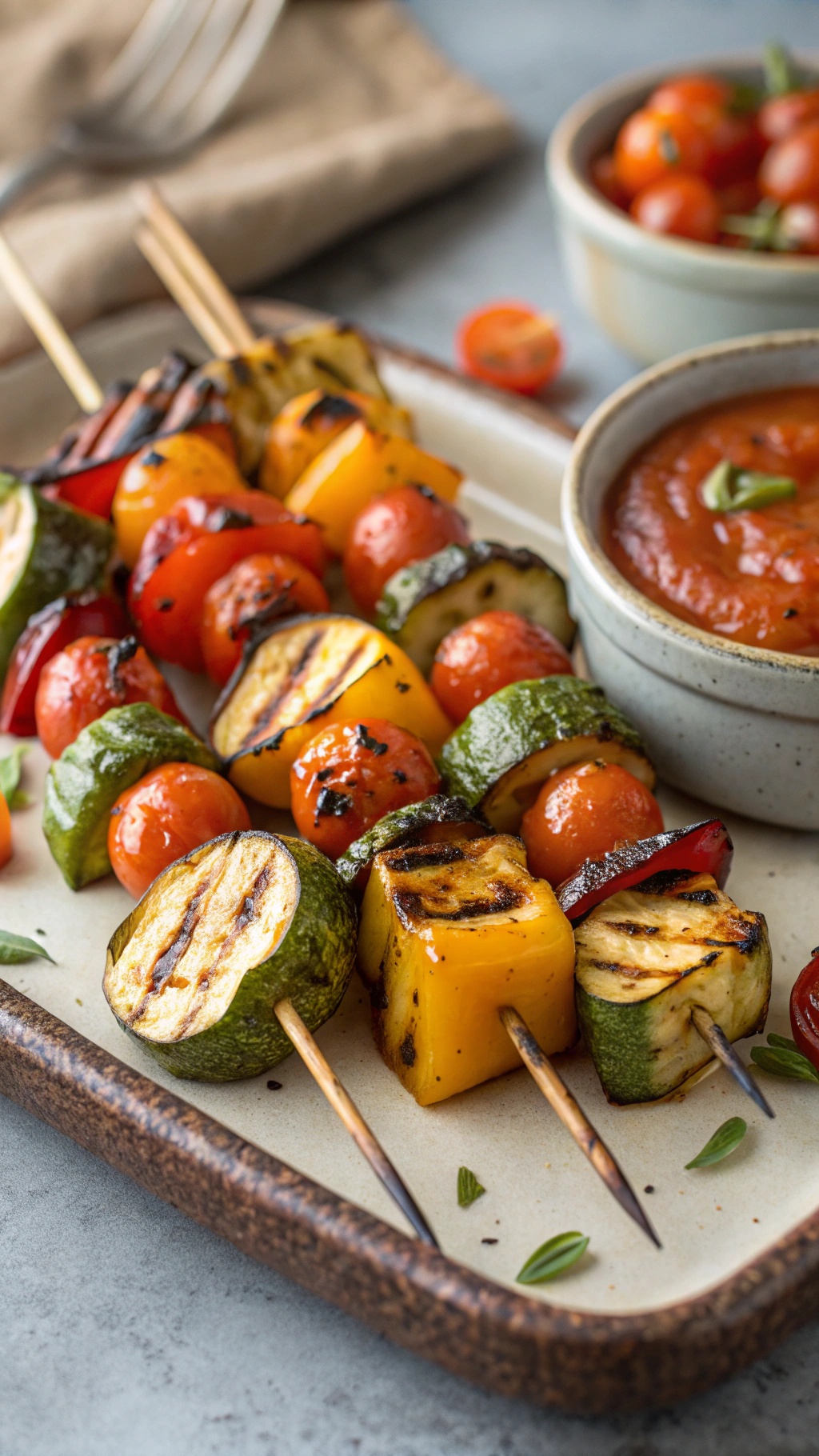 Grilled vegetable skewers with bell peppers, zucchini, and cherry tomatoes served with a dipping sauce.