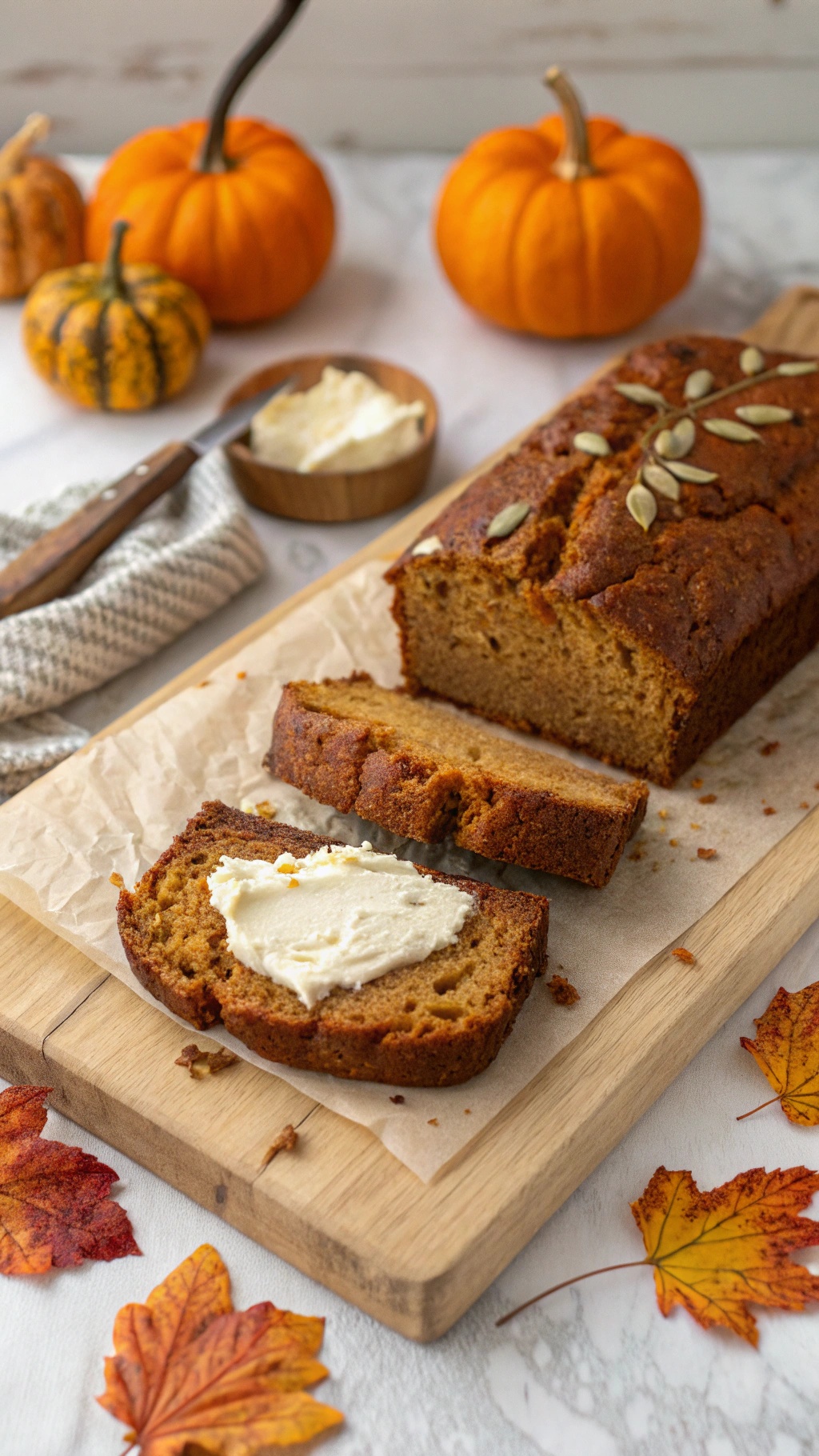 A loaf of low-carb pumpkin bread sliced on a wooden board, topped with pumpkin seeds and a spread of cream cheese, surrounded by autumn leaves and small pumpkins.