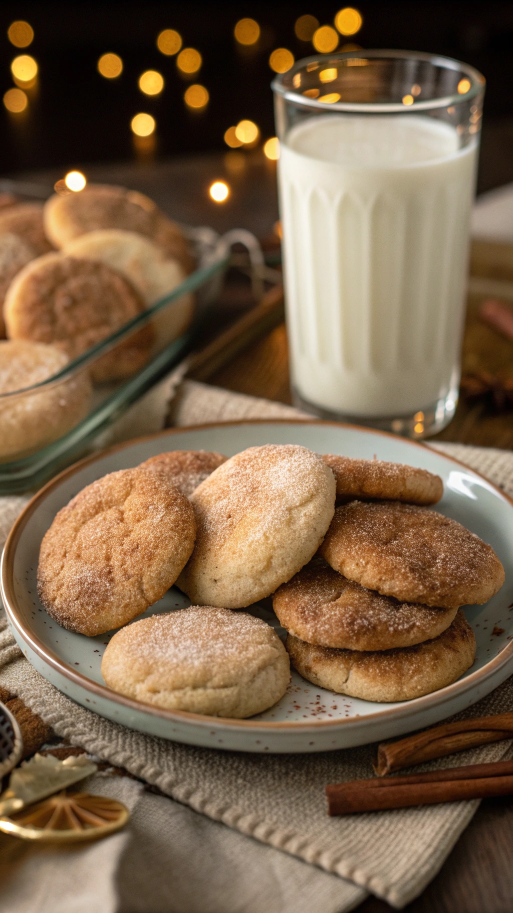 A plate of low-carb snickerdoodle cookies with a glass of milk