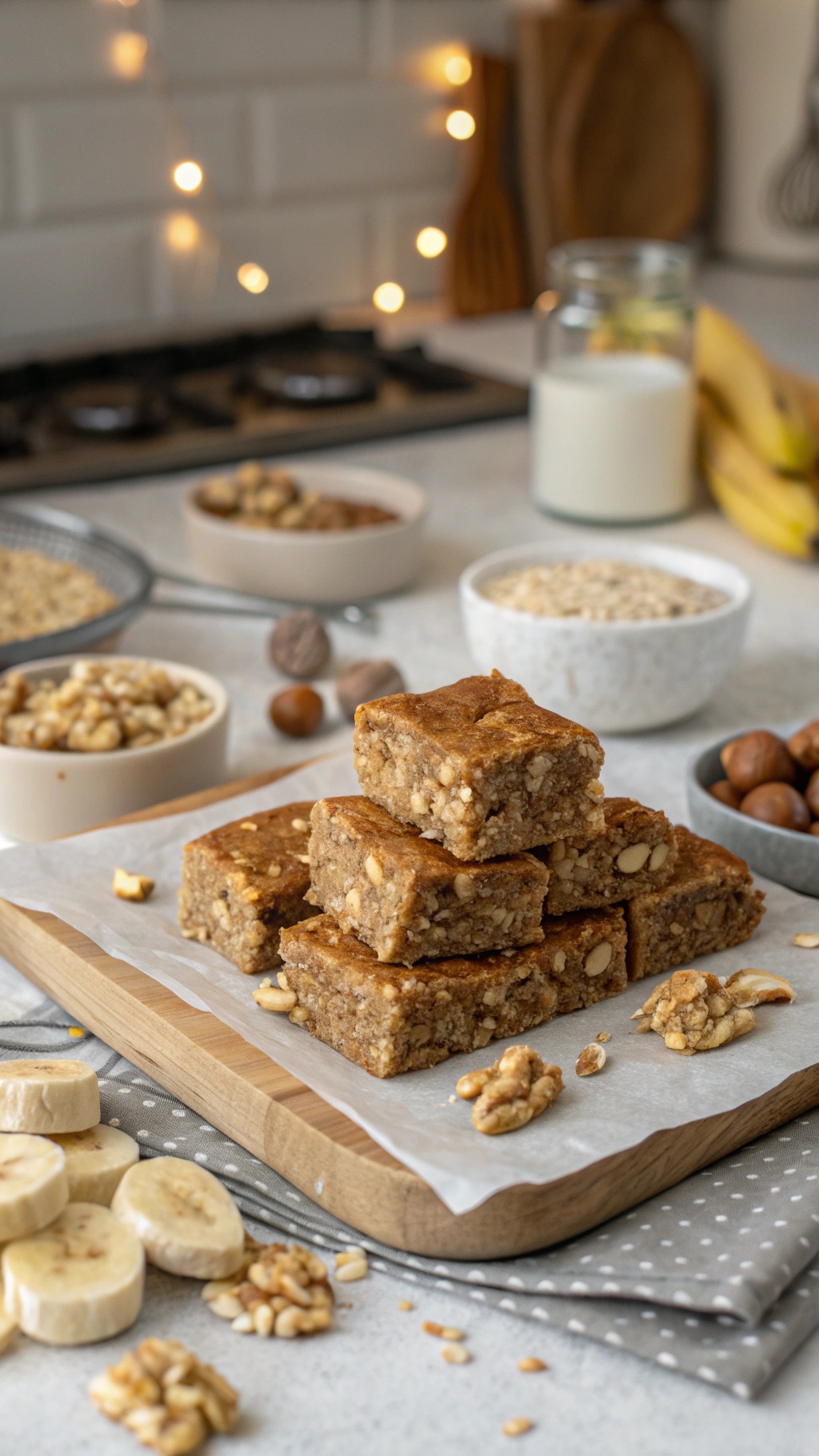 No-bake banana nut granola bars stacked on a wooden board with bananas and nuts around.