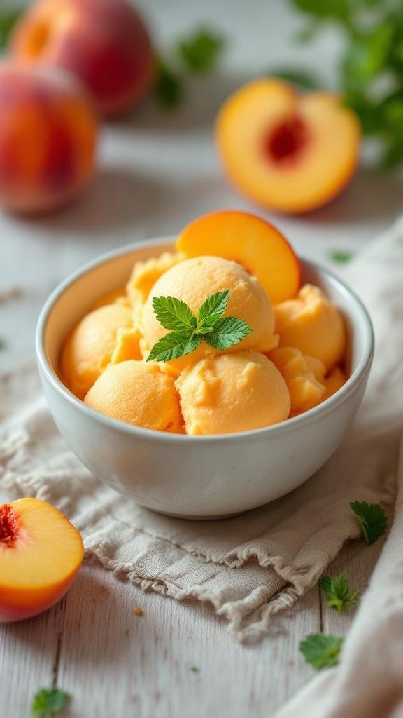 A bowl of peach sorbet garnished with mint, surrounded by fresh peaches.