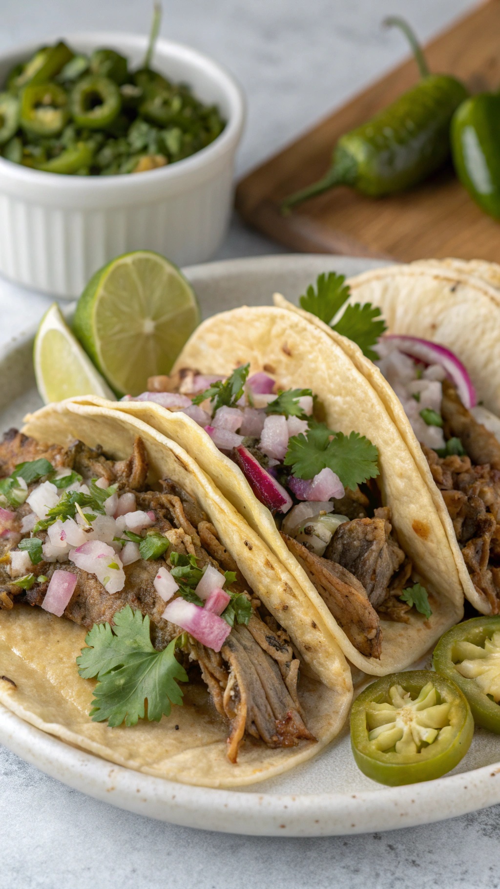 Three pork carnitas tacos topped with onions and cilantro, served with lime and jalapeños.