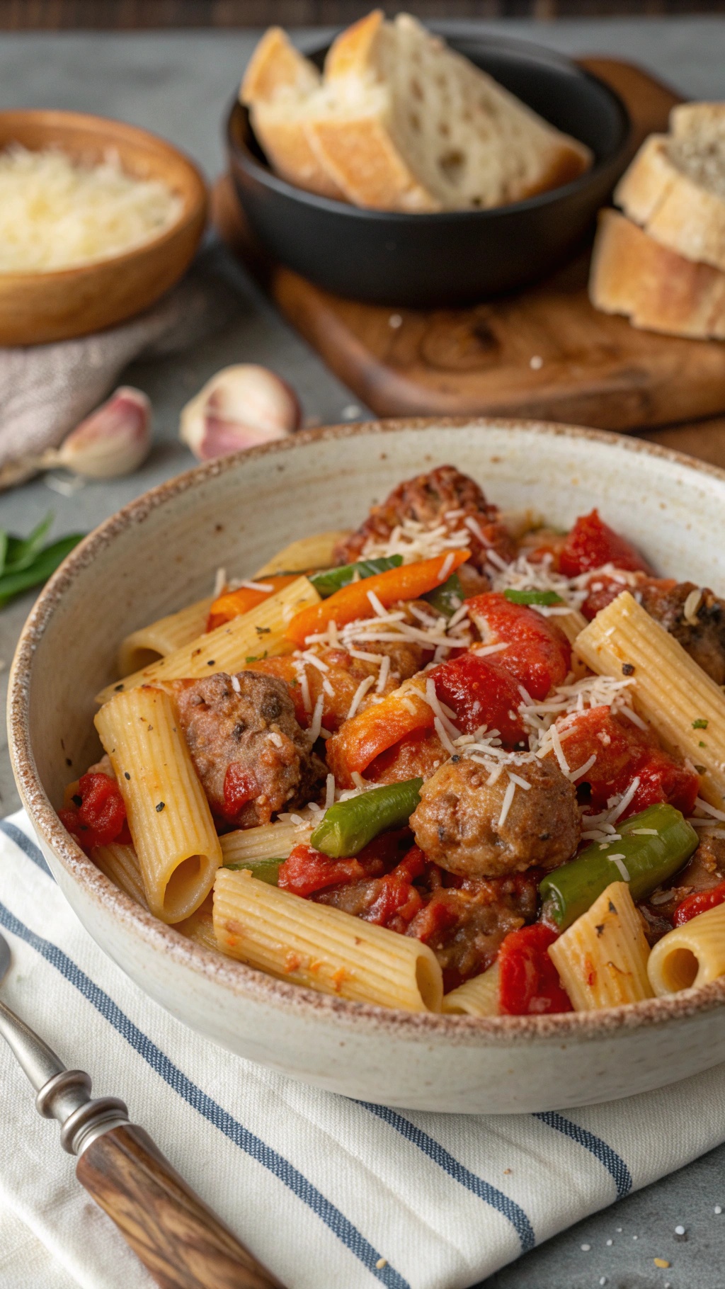A bowl of sausage and pepper pasta with rigatoni, topped with Parmesan cheese and served with bread.
