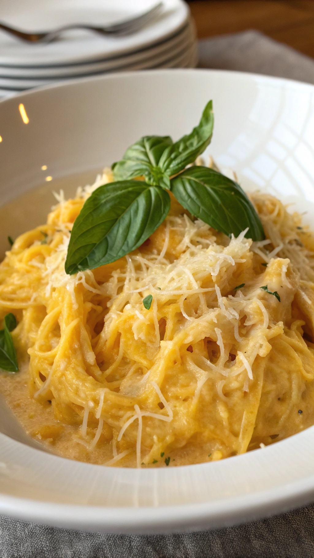 A bowl of spaghetti squash mac and cheese topped with fresh basil and cheese.