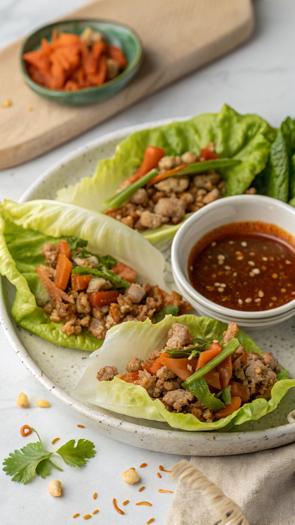 Turkey lettuce wraps filled with ground turkey and vegetables, served with a dipping sauce.
