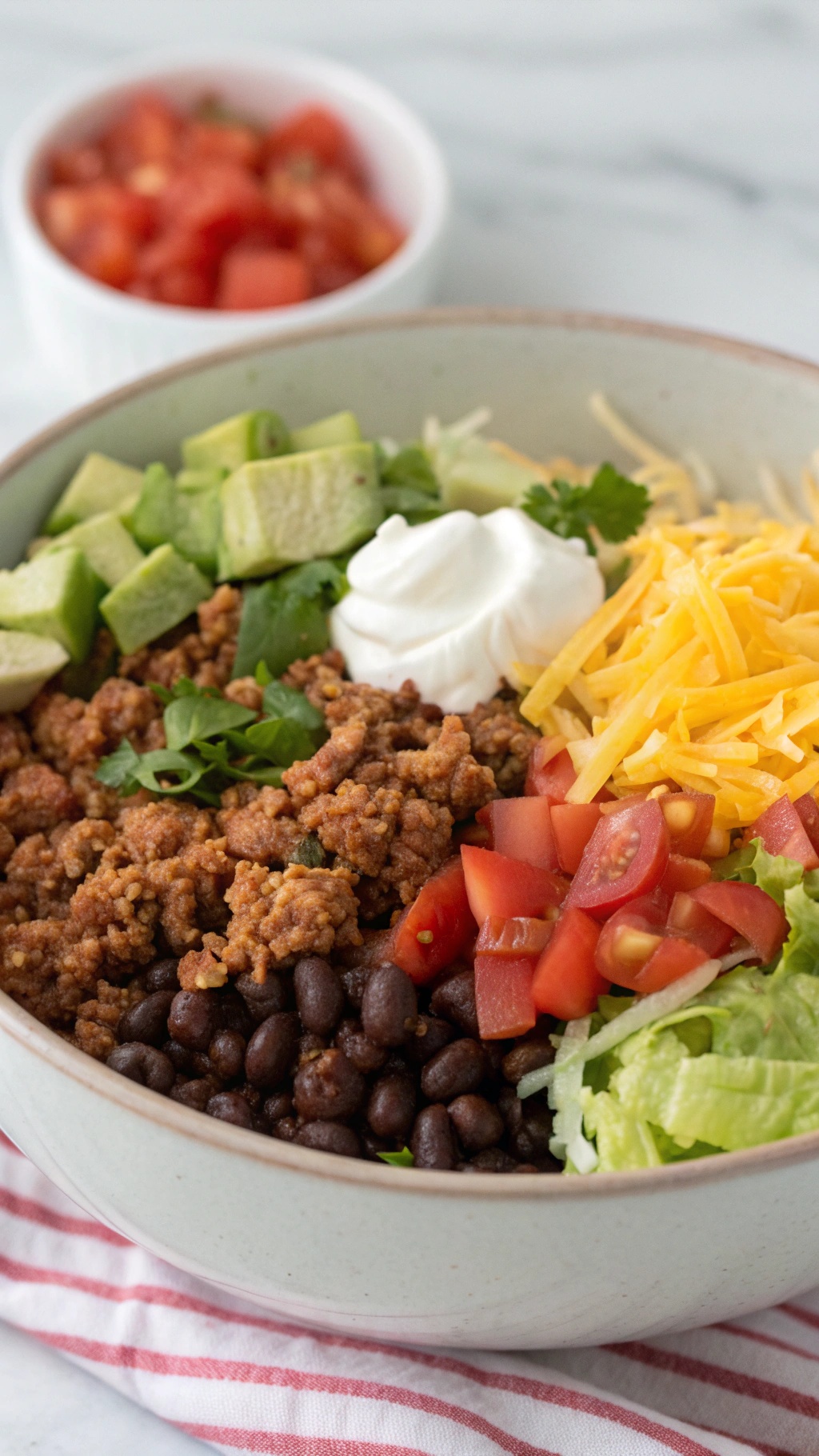 A colorful turkey taco bowl with black beans, diced avocado, cherry tomatoes, shredded lettuce, cheese, and sour cream.