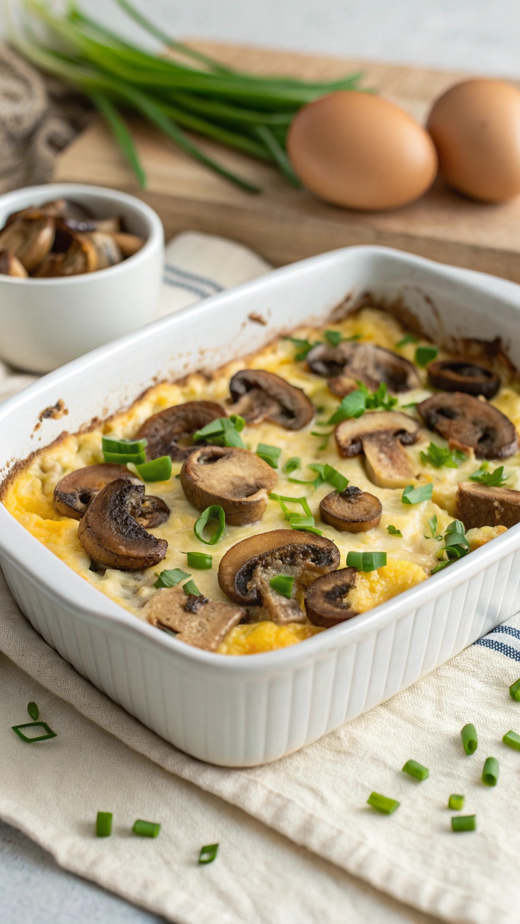Mushroom and cheese egg casserole topped with green onions