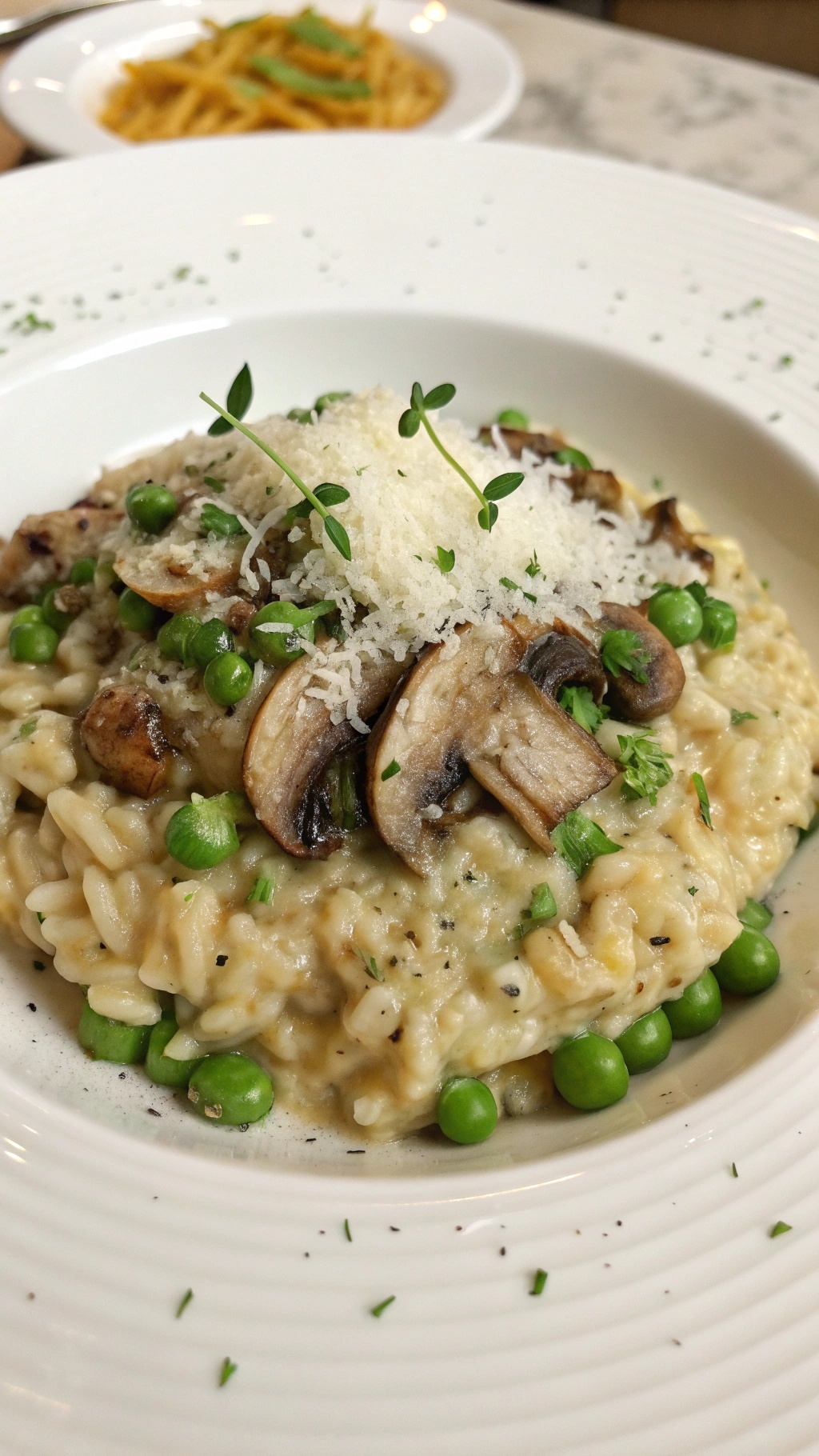 A bowl of mushroom and pea risotto pasta topped with grated cheese and herbs.