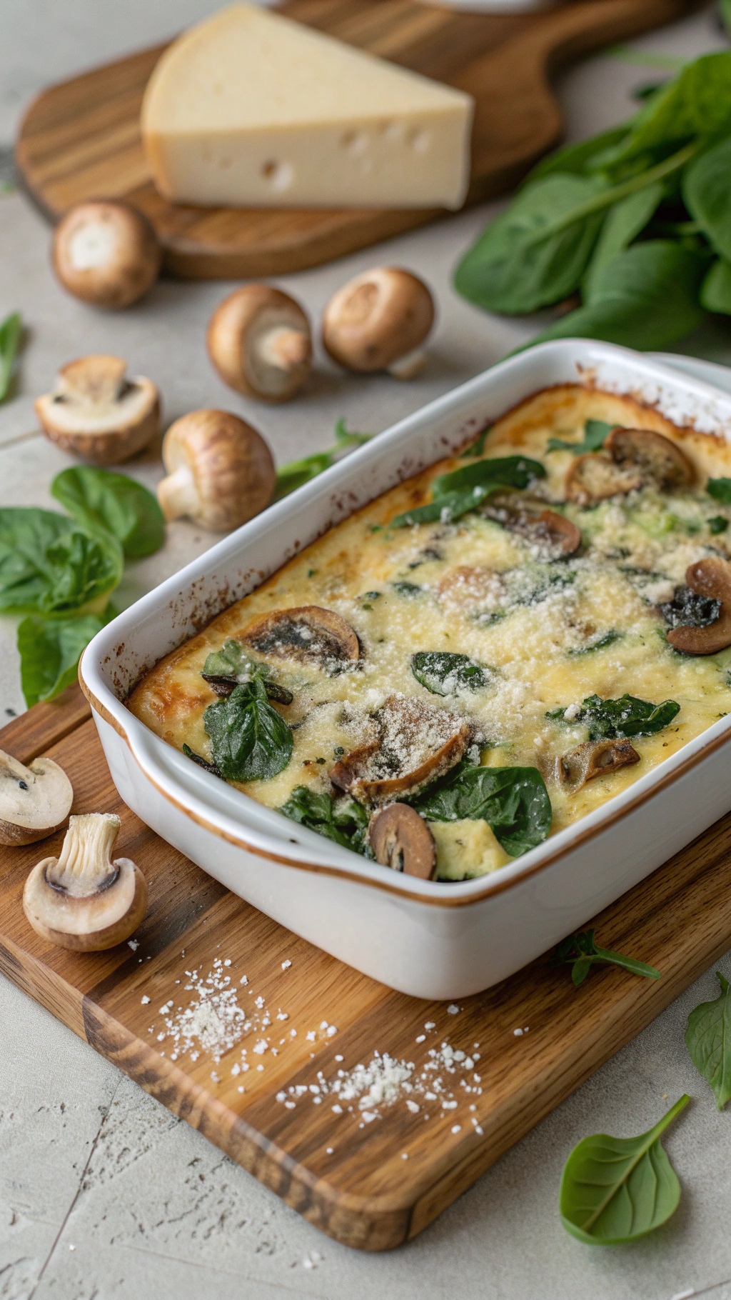 A delicious mushroom and spinach breakfast casserole in a baking dish, garnished with cheese.