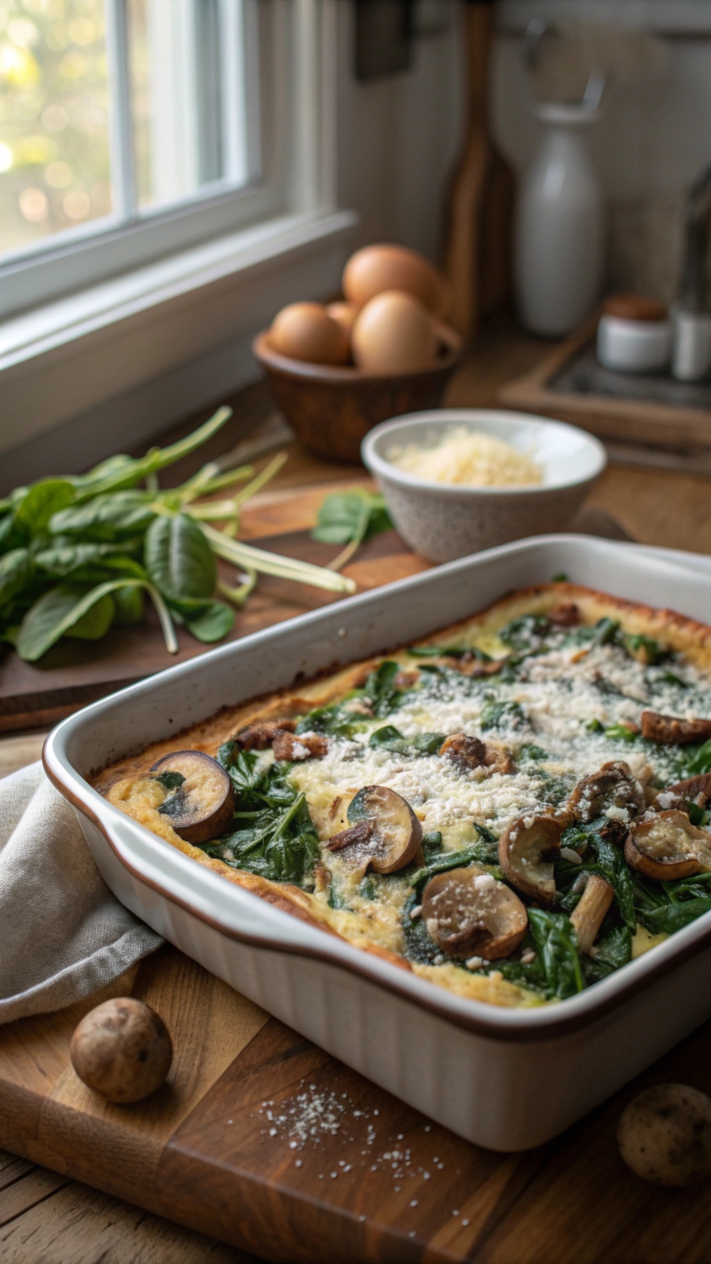 A delicious mushroom and spinach egg bake in a baking dish, surrounded by fresh ingredients.