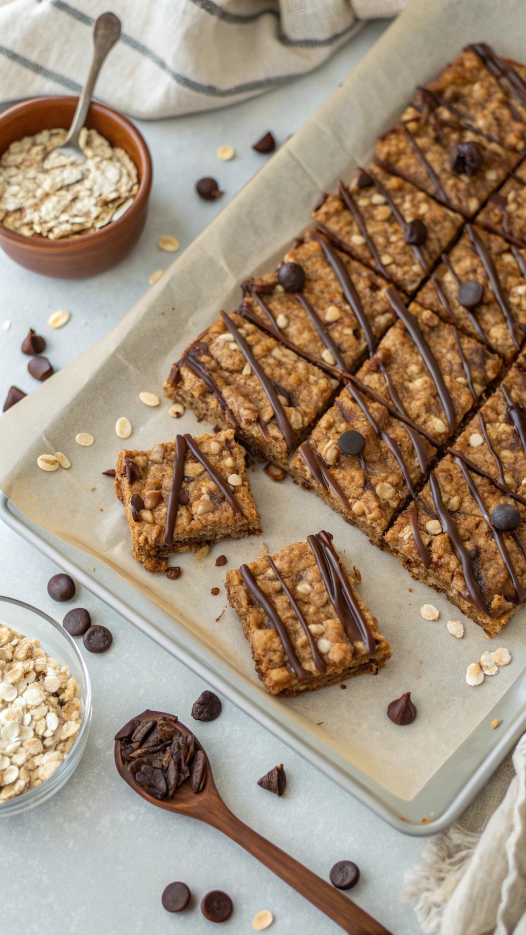 No-bake chocolate oatmeal bars with chocolate drizzle and oats