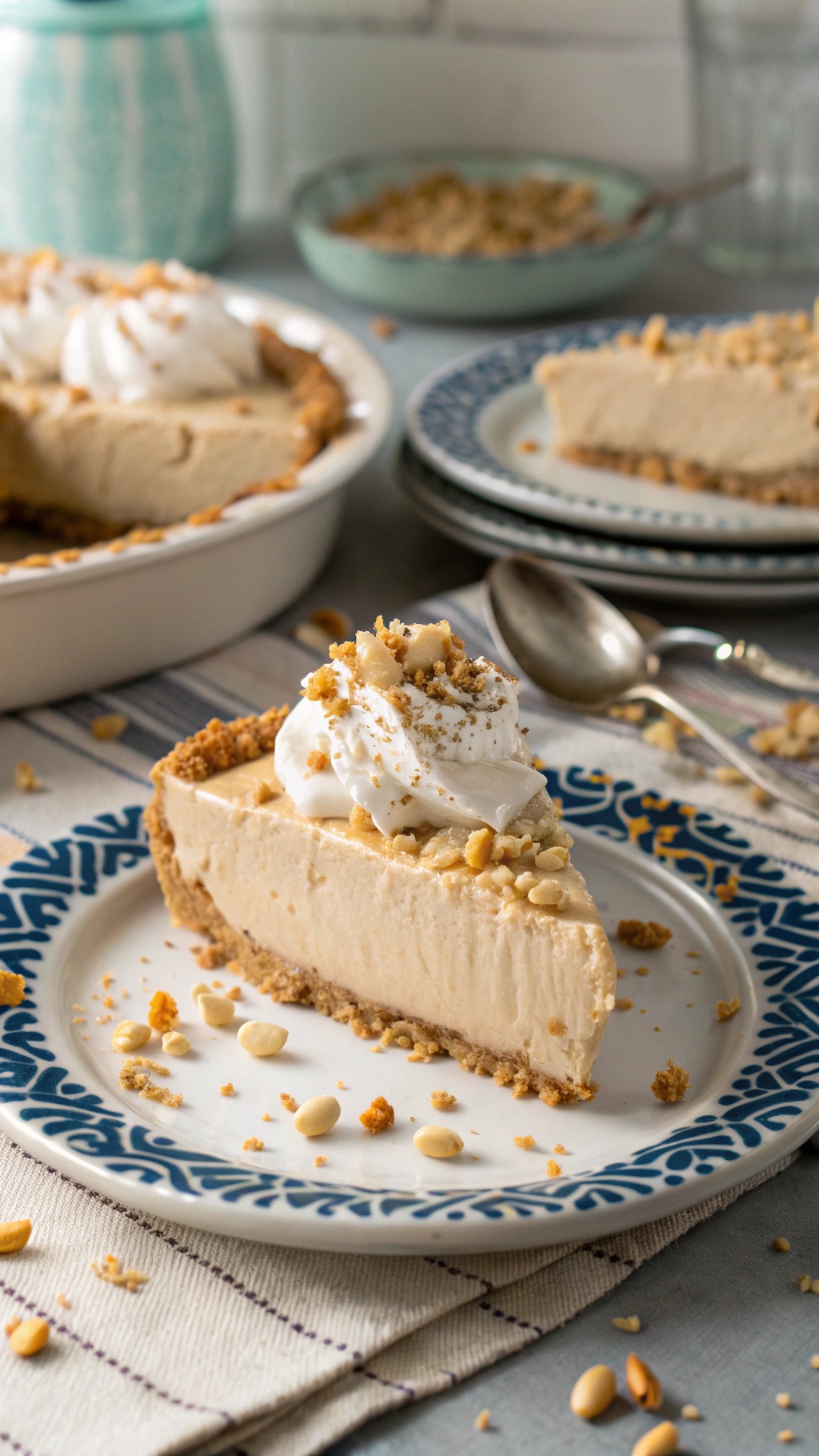 A slice of no-bake peanut butter pie topped with whipped cream and crushed peanuts, served on a decorative plate.