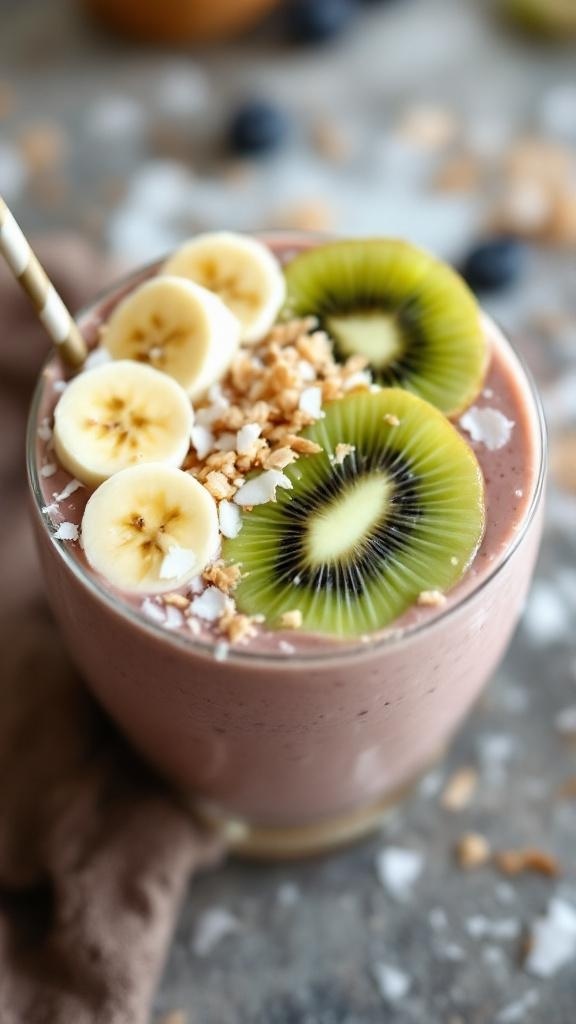 A vibrant smoothie bowl topped with banana slices, kiwi, edible flowers, and coconut flakes in a coconut shell.