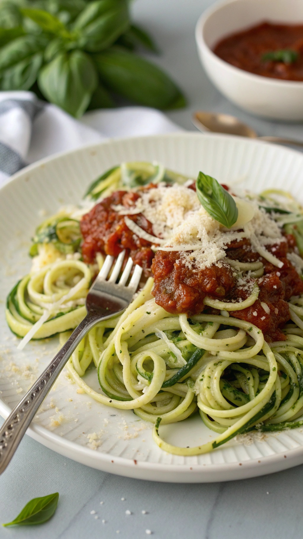 A plate of zucchini noodles topped with marinara sauce, cheese, and basil.