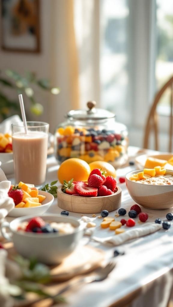 A bright breakfast spread featuring bowls of fresh fruits, oatmeal, and a smoothie, showcasing healthy breakfast options.