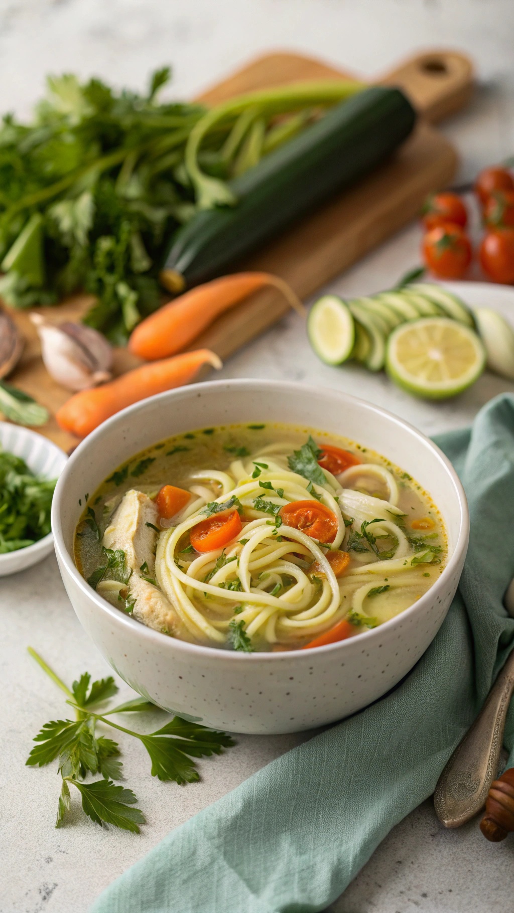 A bowl of Chicken Zoodle Soup with fresh vegetables and herbs.