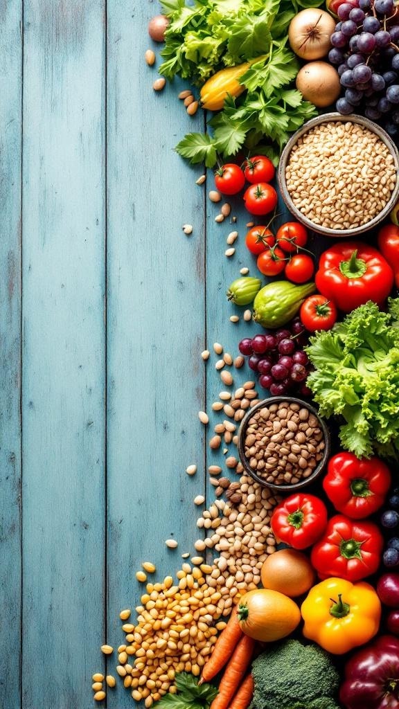 A vibrant display of fresh vegetables, fruits, and grains on a blue wooden surface.